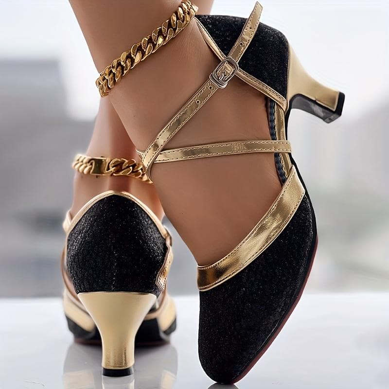 Zapatos de baile latino D'Orsay con purpurina para mujer, tacones medios gruesos con correa de hebilla entrecruzada, zapatos de baile de vestir que co