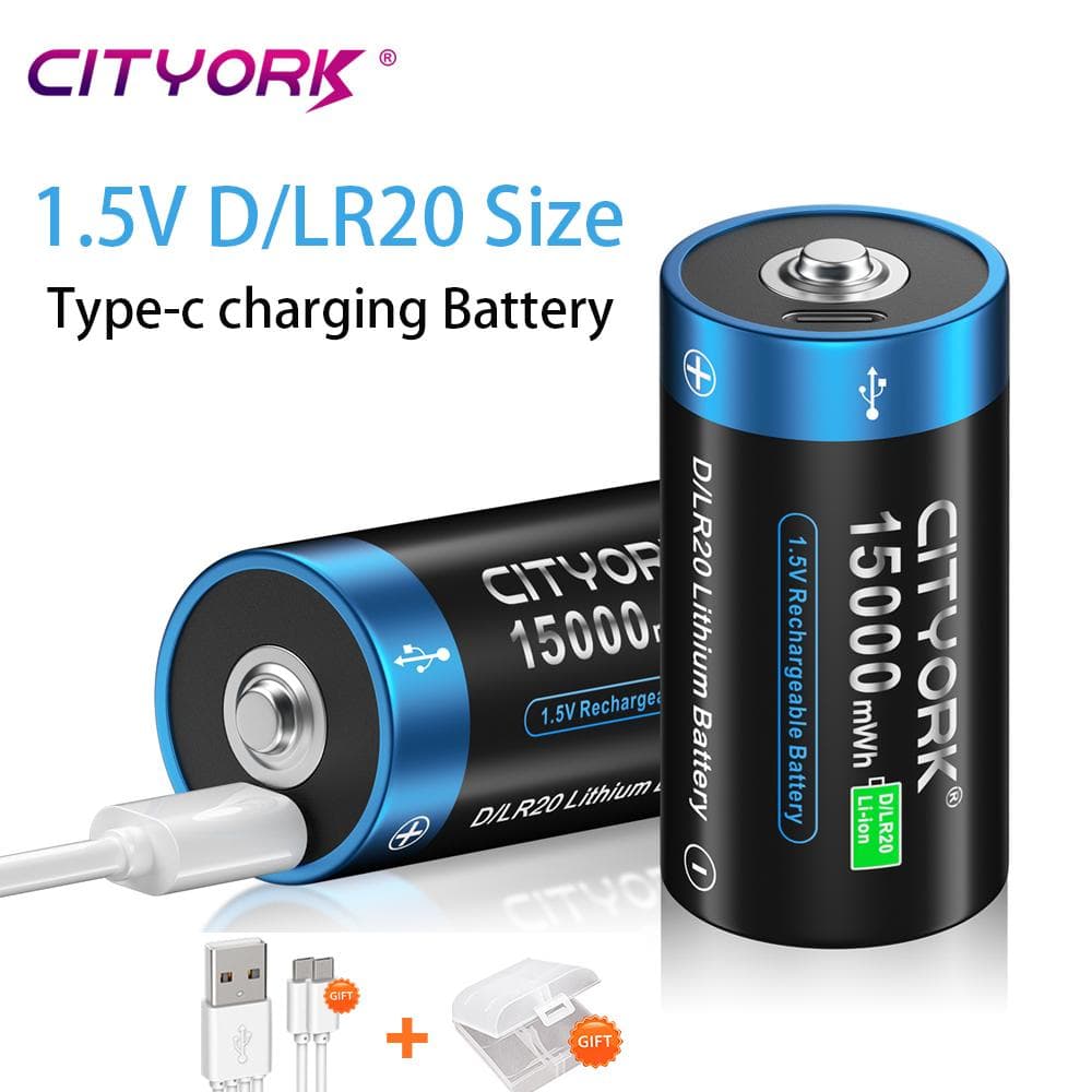Cityork 1,5 V 15000 mWh tamaño D batería recargable carga USB batería de litio LR20 para estufa de Gas linterna calentador de agua con cable USB