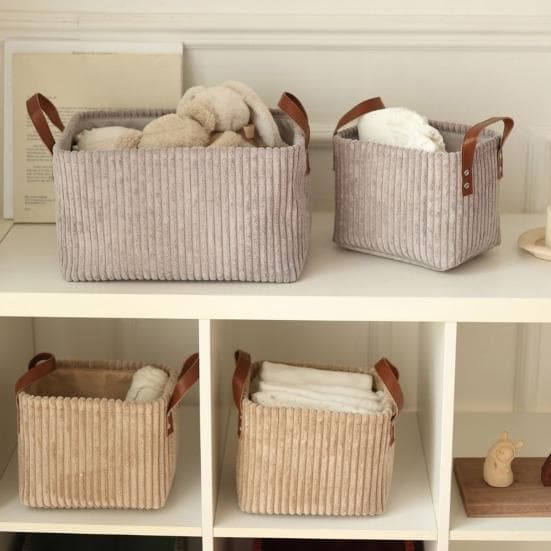 Cesta de Almacenamiento de Pana con Asas Cesta Plegable con Base Reforzada Organizador de Almacenamiento Plegable para Juguetes Ropa de Niños beige