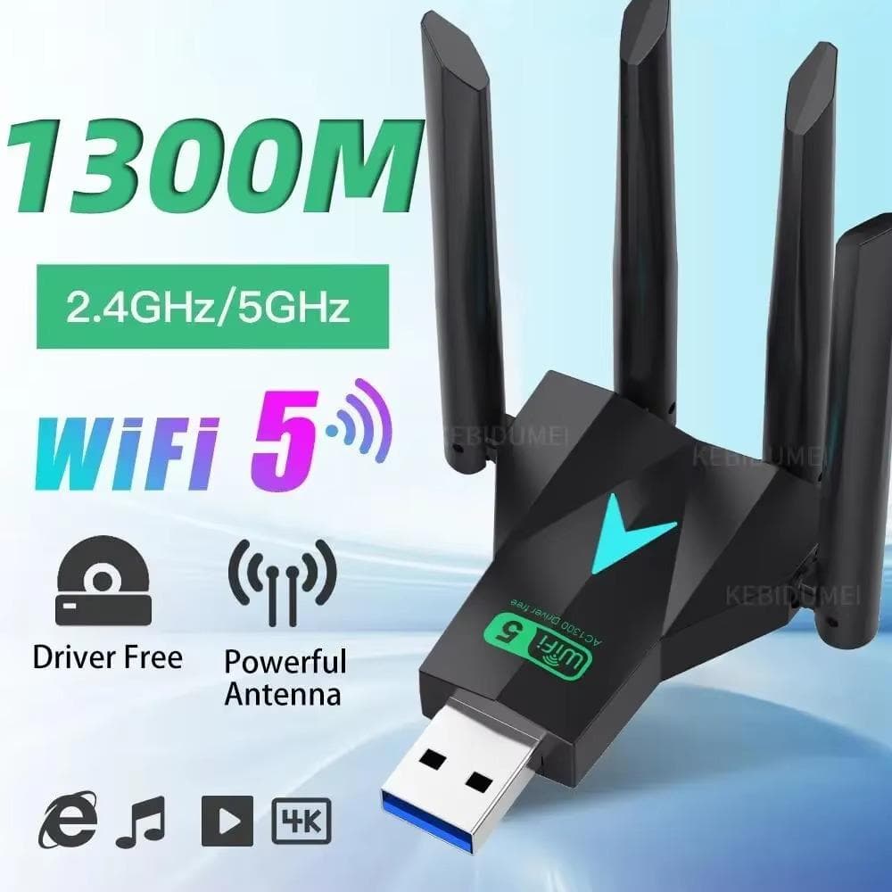 Adaptador USB WiFi 5 de 1300 Mbps, banda dual, 2,4 G/5 Ghz, tarjeta de red inalámbrica, receptor de señal de 4 antenas para computadora portátil