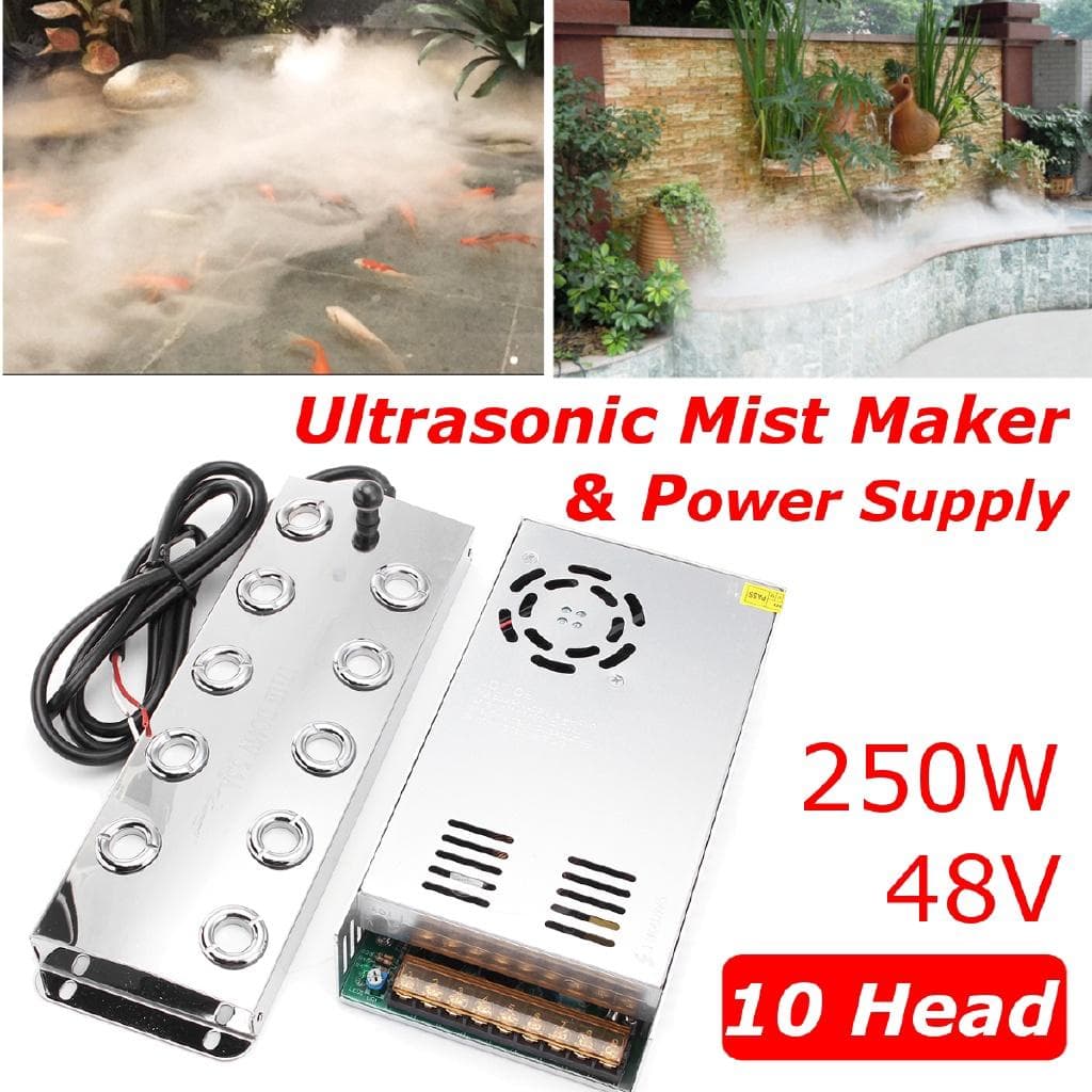 Humidificador nebulizador industrial ultrasónico de 250W y 10 cabezales + fuente de alimentación