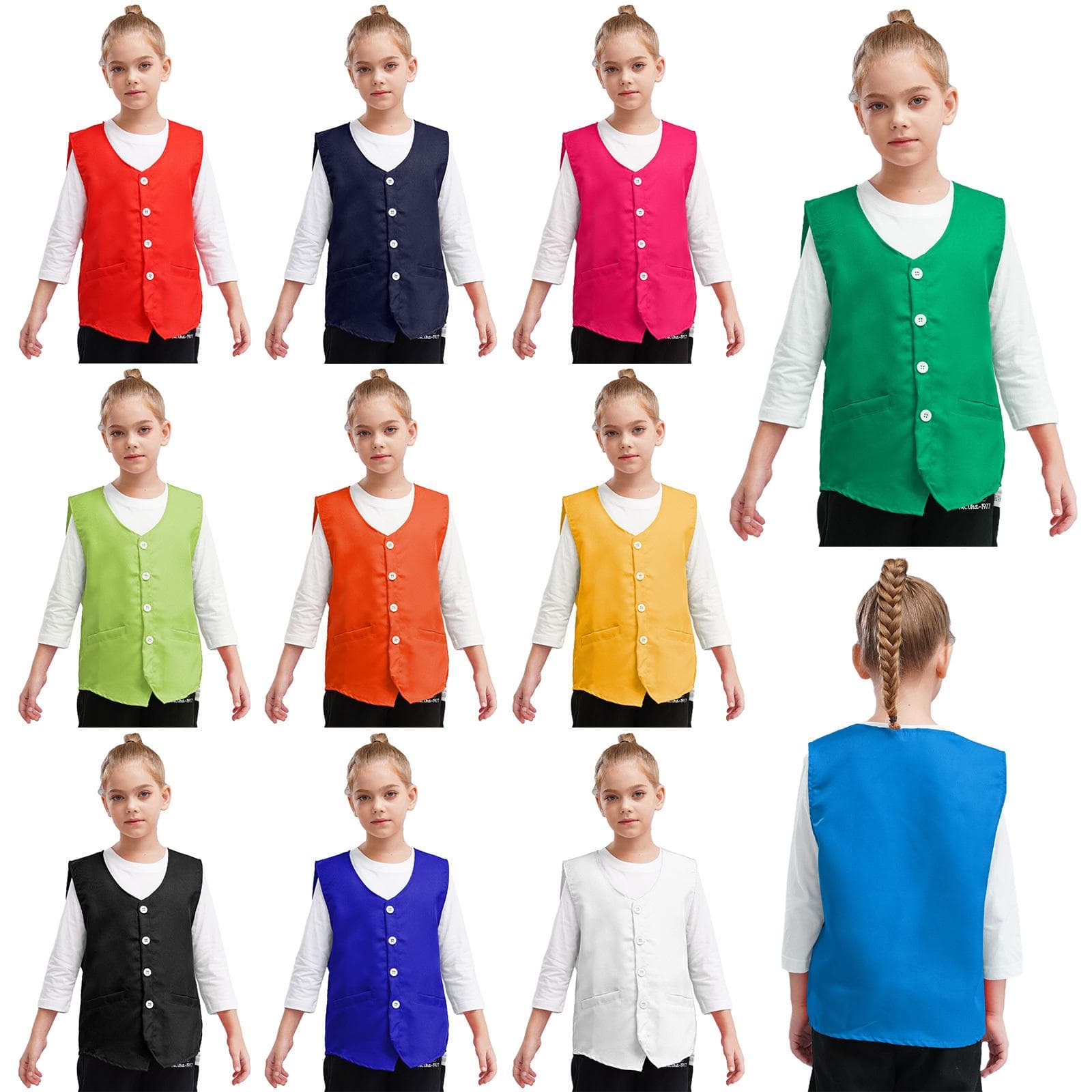 Chaleco de voluntario con botones para niños y niñas, de color liso, con cuello en V, sin mangas, con dobladillo irregular, uniforme para