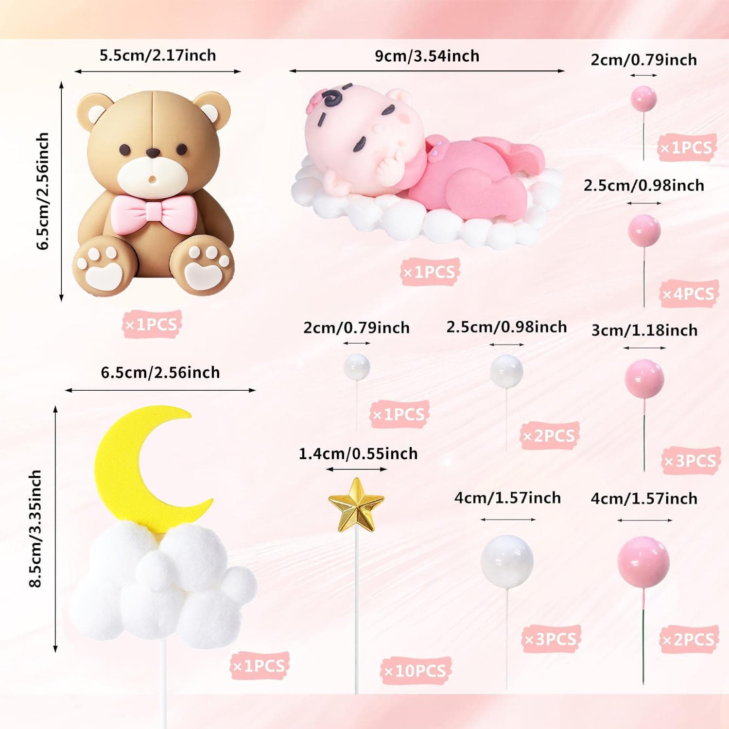Adornos para Tarta de Bebé Oso con Estrellas Nubes Bola Adornos para Tarta para Niño Niña Baby Shower Fiesta de Cumpleaños Bienvenida Bebé