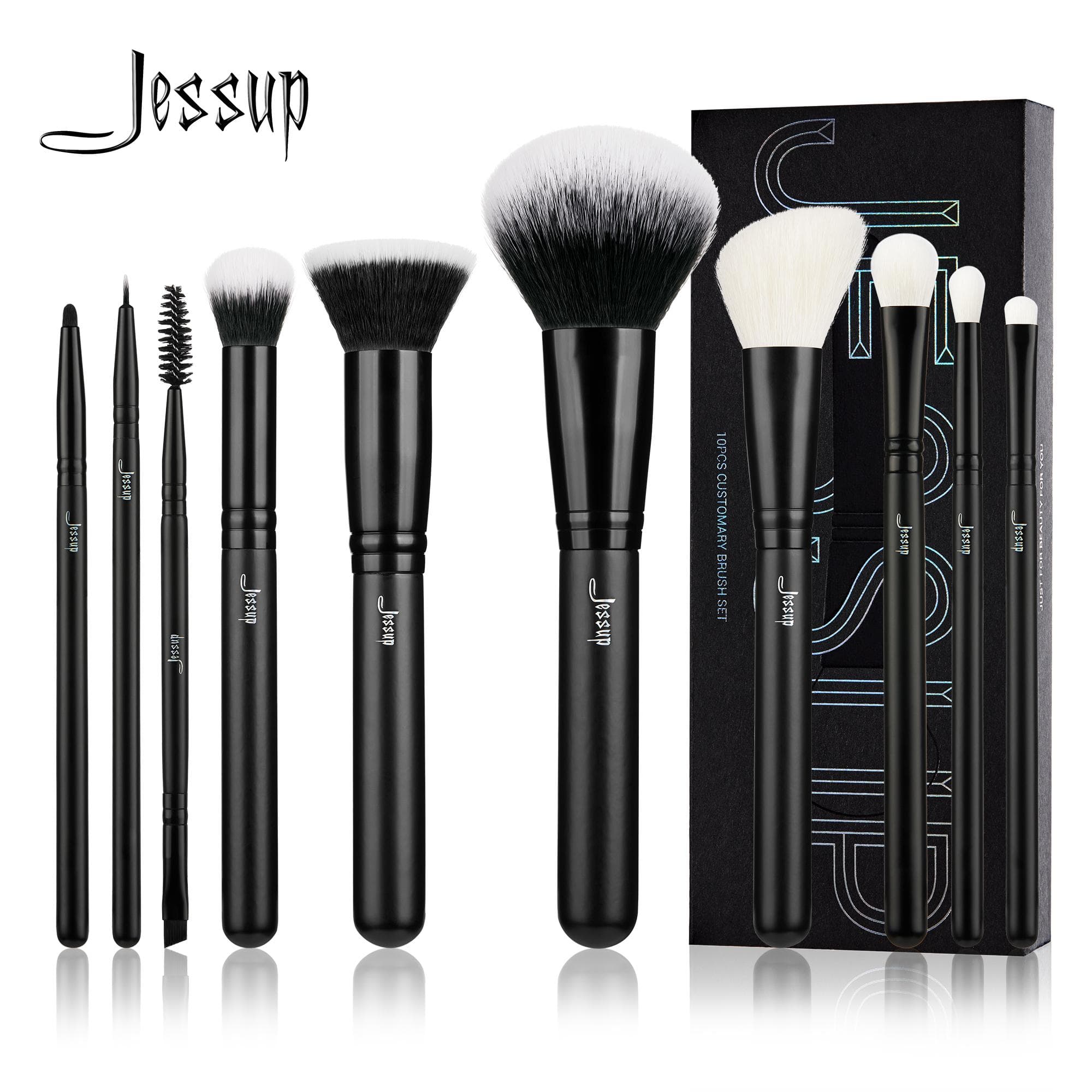 Jessup Makeup Brushes Set 10pcs Powder Foundation Eyeshadow Eyeliner Brush con Mixed Goat Hair Concealer Blush Eyebrow Broach negro