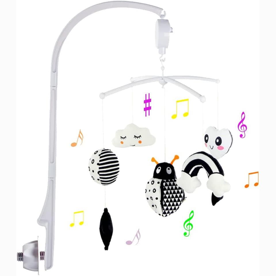 Móvil para cuna de bebé para cuna con juguetes giratorios colgantes, móvil para guardería con caja de música, móvil blanco y negro para bebés