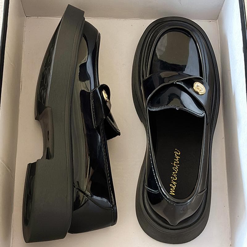 Mocasines de Cuero Auténtico Zapatos de Mujer Primavera Nuevo Estilo Británico Negros Zapatos de Cuero Pequeños Suela Gruesa Zapatos Mary Jane