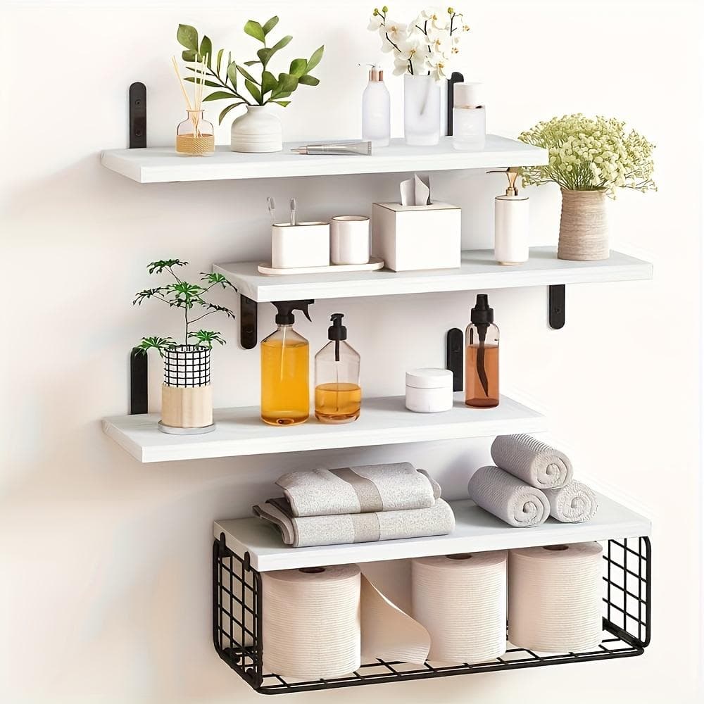 Estante flotante de pared de 4 piezas, organizador de múltiples capas, estante de almacenamiento de hierro para baño, decoración y almacenamiento