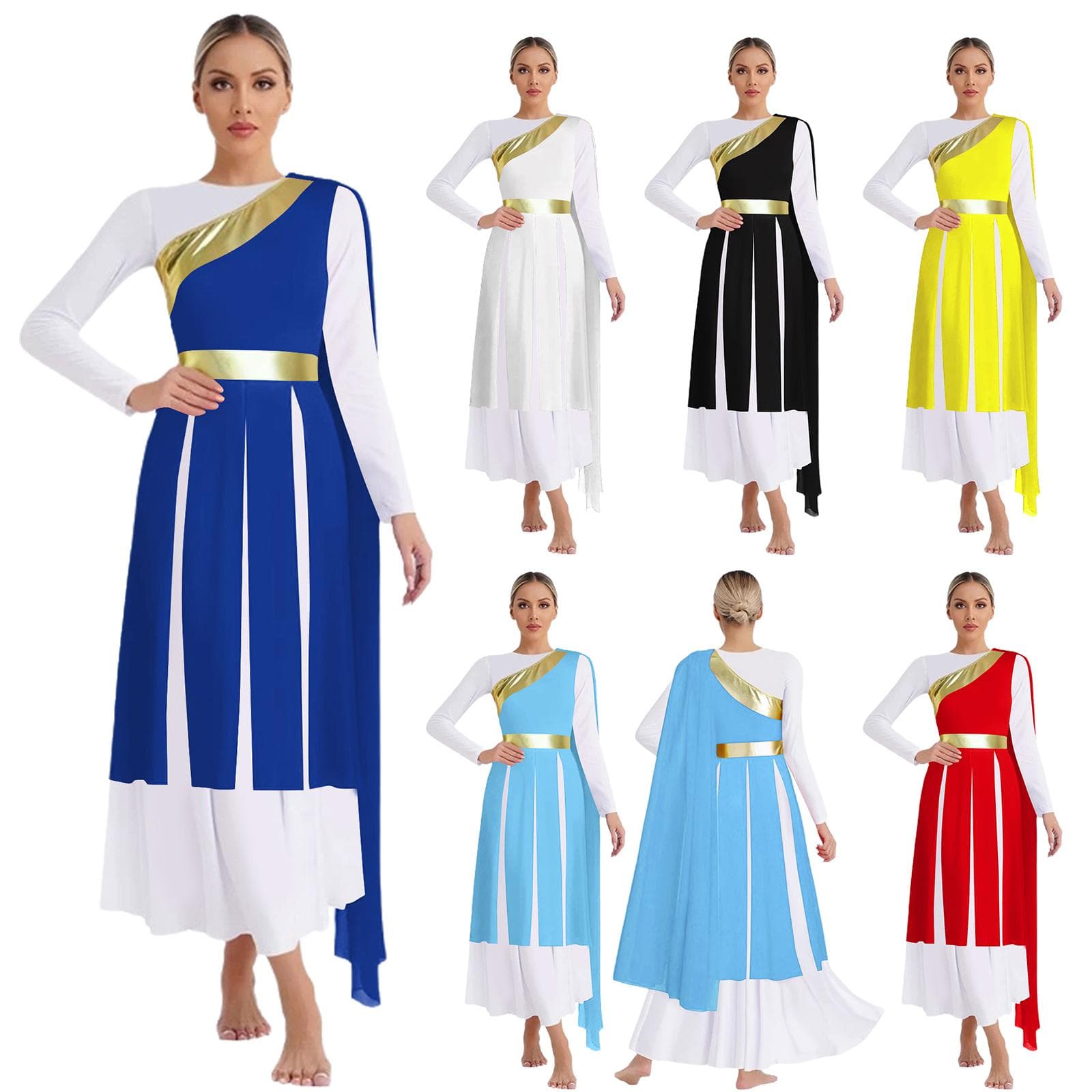 Vestido de Danza de Alabanza para Mujer Un Hombro Drapeado Sin Mangas Metálico Brillante Patchwork Abertura en el Bajo Túnica Disfraz de Adoración