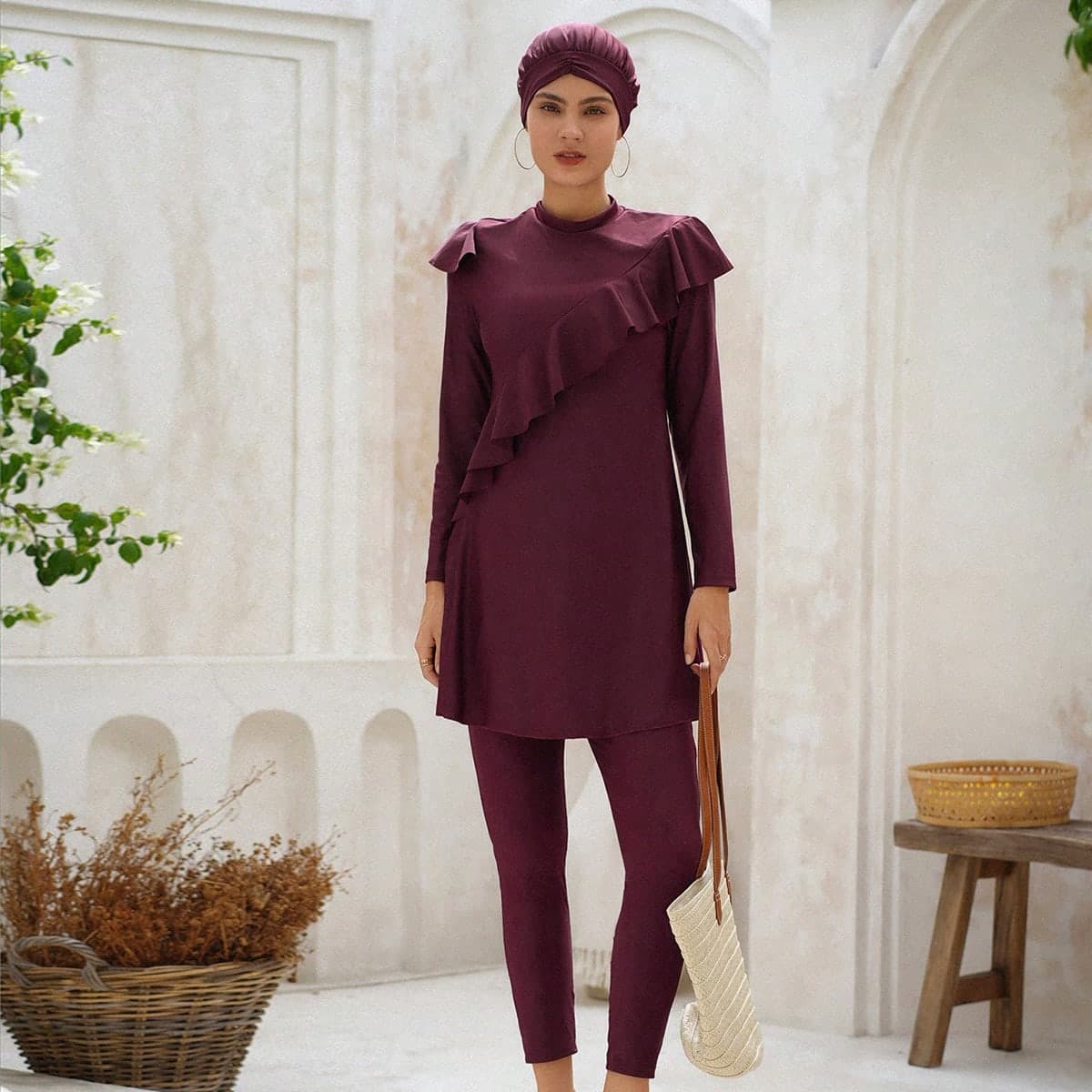 Burkini de verano con cobertura total y volantes para la playa