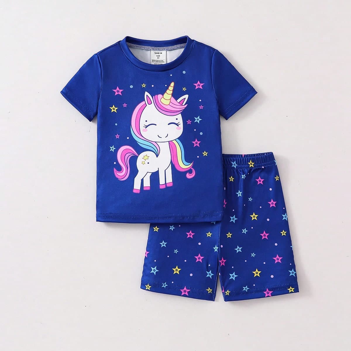 Set de 2 piezas de pijama con Top de manga corta y shorts con estampado de unicornio azul marino lindo para niñas jóvenes