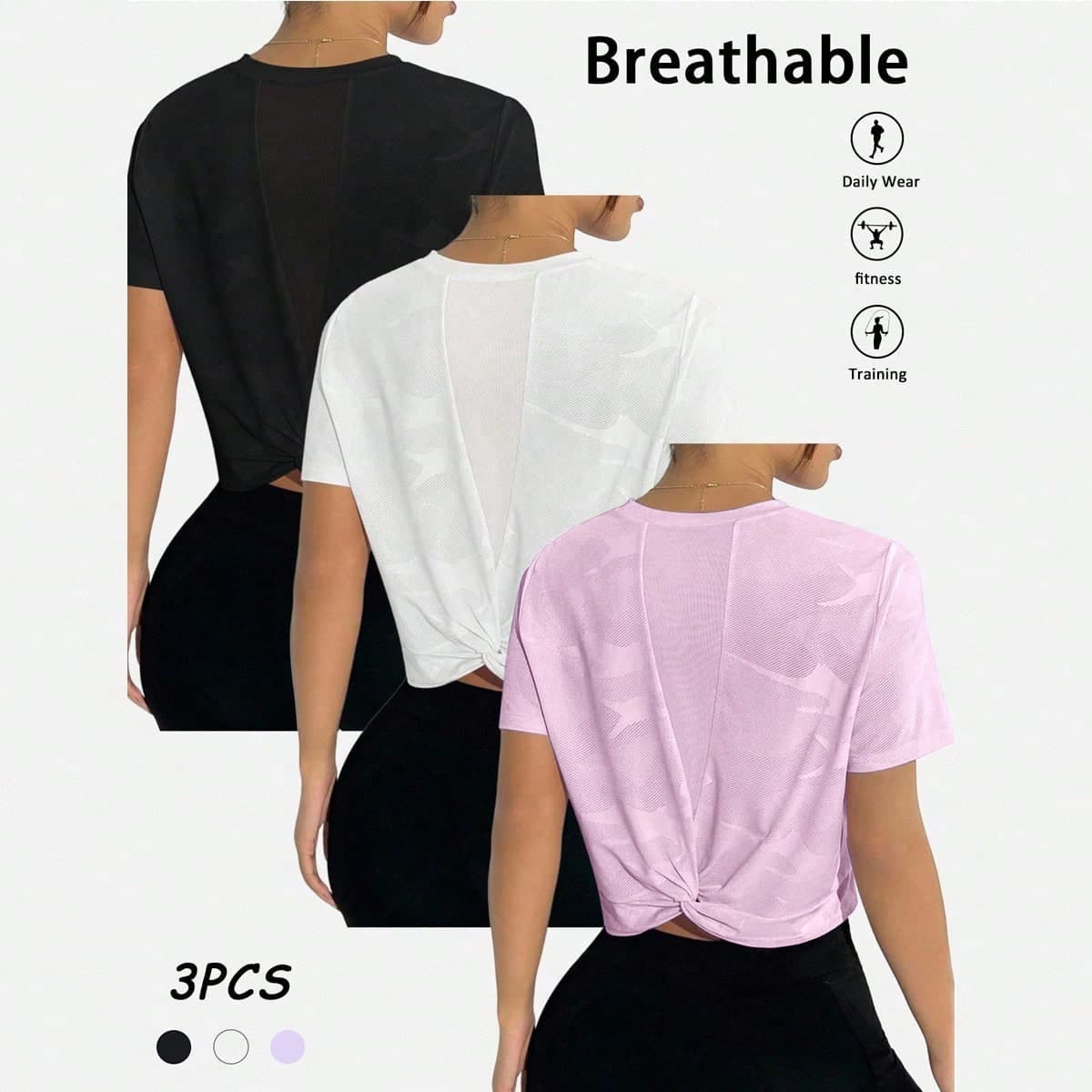 Set de 3 camisetas deportivas versátiles, casuales y cómodas de punto jacquard, paquete de 3 tops