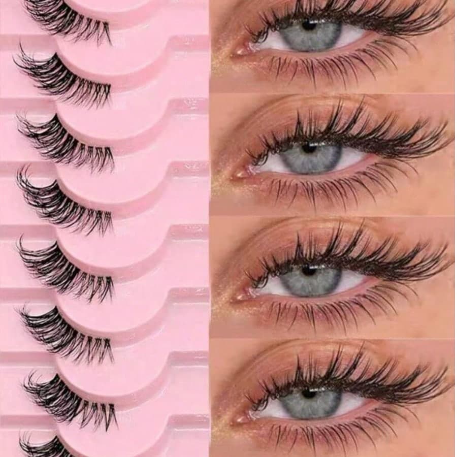 10/7 pares de pestañas postizas de media longitud con banda transparente, pestañas postizas de ojos de gato cortas y suaves de 3D de imitación de