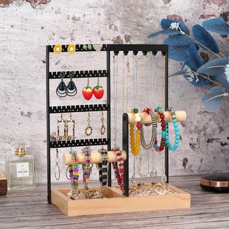 1 pieza Caja de almacenamiento de joyas, soporte de 4 niveles para 48 pares de aretes, 6 ganchos organizador de collares, caja de madera para pulseras