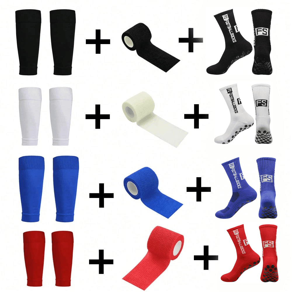 Set de 3 piezas de accesorios de fútbol, 1 par de espinilleras deportivas, 1 par de calcetines de entrenamiento, 1 vendaje, protección deportiva