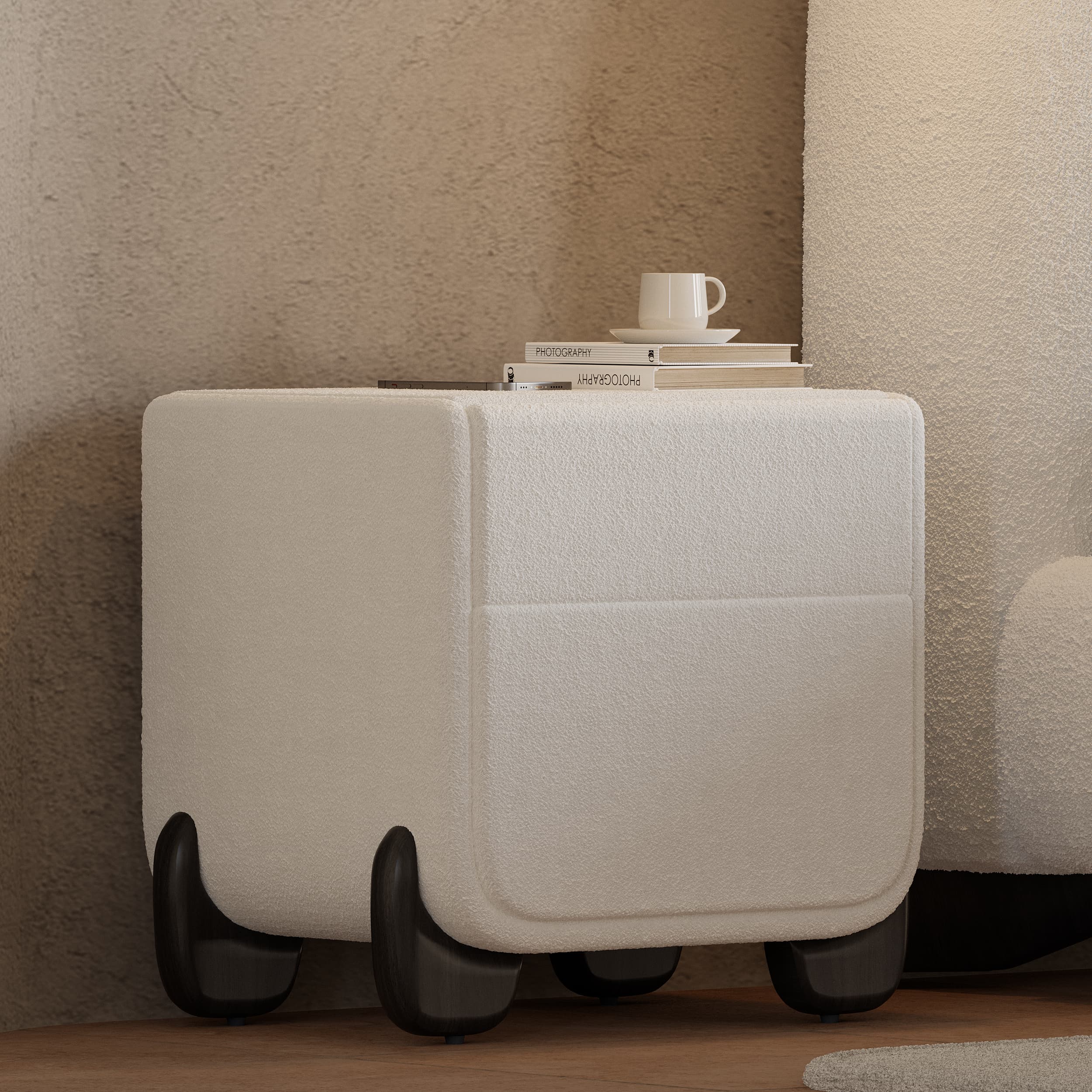 Mesita de noche Curva Smart Boucle con patas de madera y 2 cajones en color blanco, juego de 2
