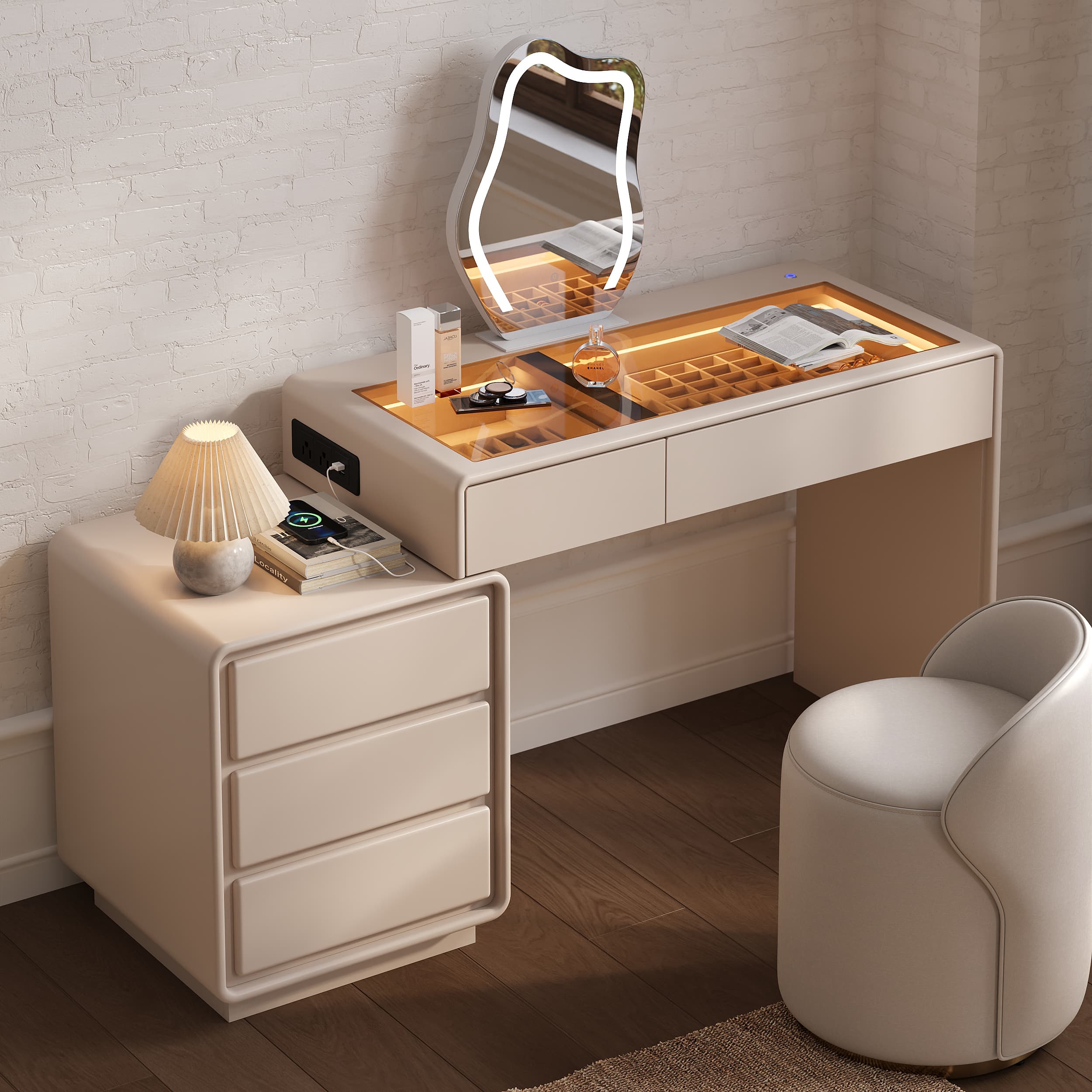 Tocador extensible Haloa con espejo LED y expositor de joyas (102 - 146 cm)