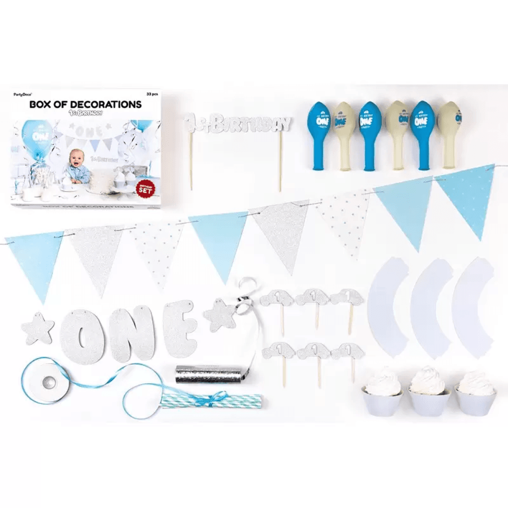 Kit de decoración para primer cumpleaños de PartyDeco - Niño plateado