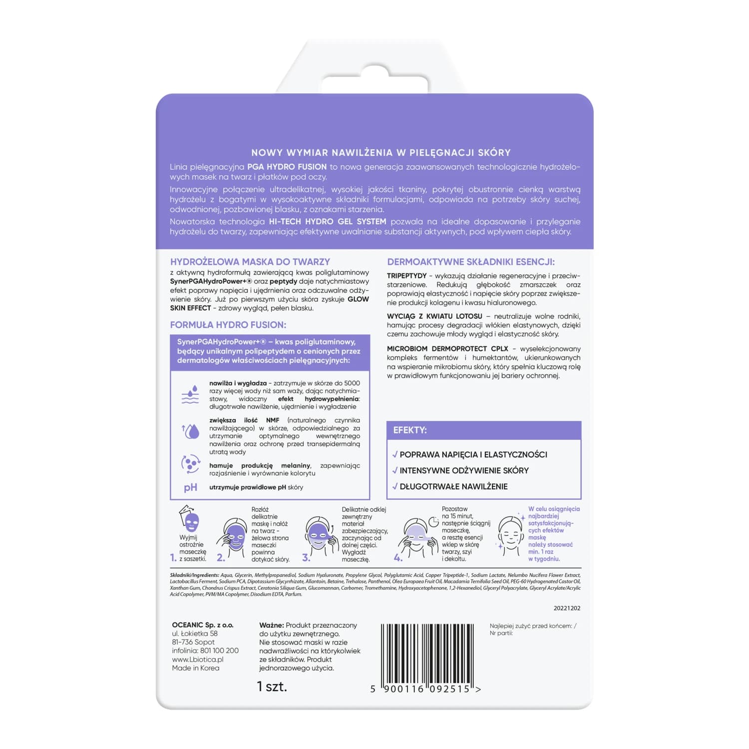 L'Biotica, mascarilla facial de hidrogel con péptidos, 1 unidad