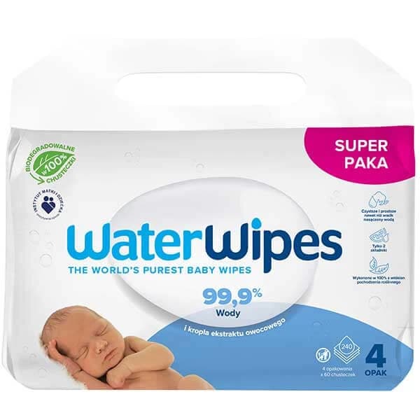 WaterWipes Bio, toallitas húmedas, agua, desde el nacimiento, 4 x 60 uds