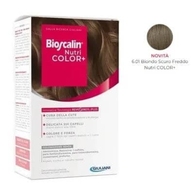 Bioscalin nutri color+ 6.01 cold crema colorante rubio oscuro 40 ml + crema detectora 60 ml + champú 12 ml + acondicionador 12 ml + guantes