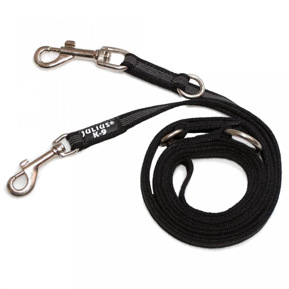 JULIUS-K9 Color & Gris, correa doble ajustable con asa para perros, 2 perros, 50kg, textil, cinta, 20mm x 2.2m, negro