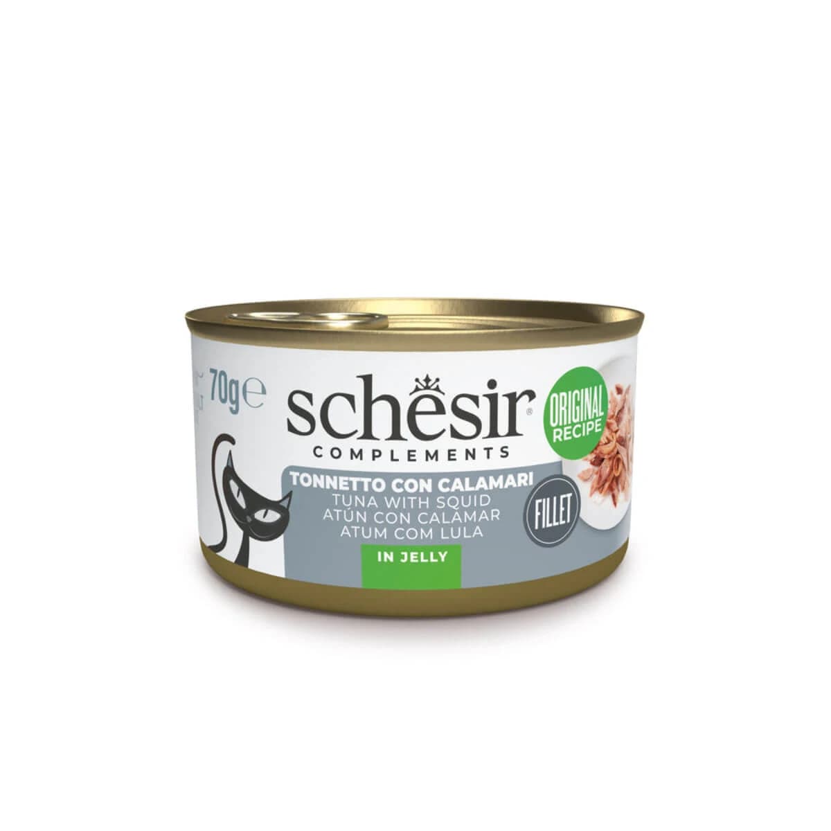 SCHESIR Complemento En Jalea, Atún y Calamar, comida húmeda en lata para gatos, (en aspic), 70g