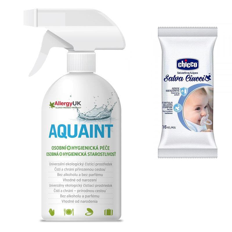 CHICCO Toallitas húmedas para chupetes 16 uds + AQUAINT 500 ml