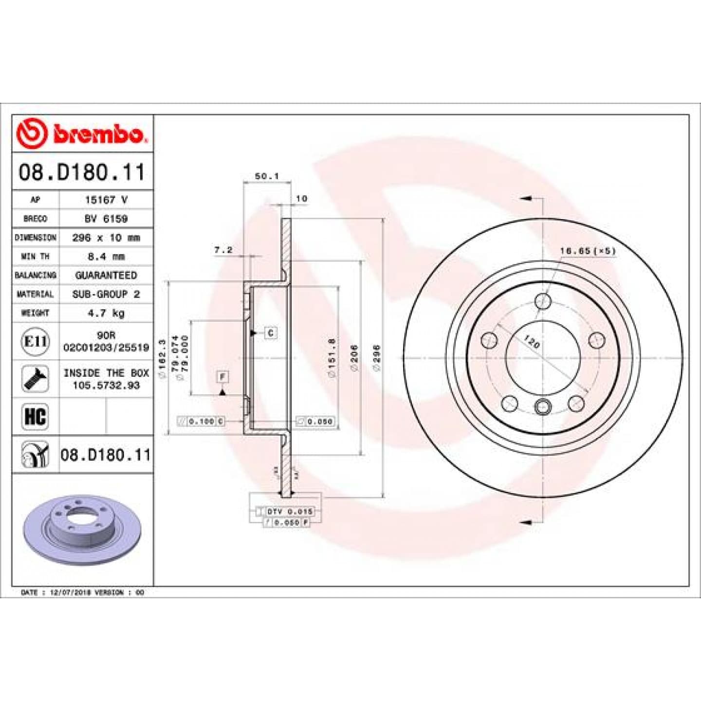 Disco de freno BREMBO 08.D180.11
