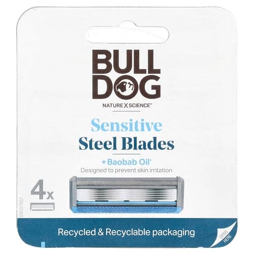 Bulldog Skincare For Men, Cuchillas de afeitar Sensitive Steel con aceite de baobab, 4 cartuchos