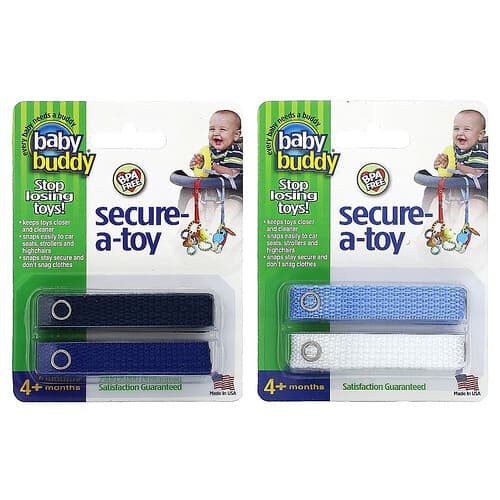 Baby Buddy, Secure-A-Toy, 4 meses en adelante, Negro/azul oscuro y azul claro/blanco, 4 tiras
