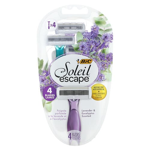 BIC, Soleil Escape, Afeitadoras desechables para mujeres, Lavanda y eucalipto, 4 afeitadoras