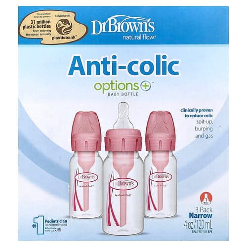 Dr. Brown's, Natural Flow®, Biberones anticólicos con opciones+™, 0 meses en adelante, Paquete de 3, 120 ml (4 oz) cada uno