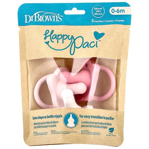 Dr. Brown's, Chupete HappyPaci™, De 0 a 6 meses, Rosa, rosa claro y blanco, 3 unidades