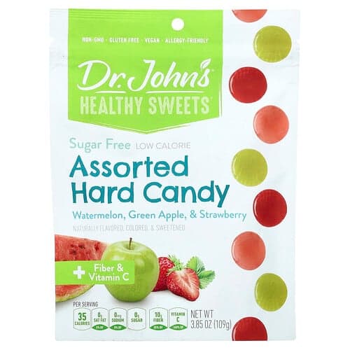 Dr. John's Healthy Sweets, Caramelos duros surtidos, Más fibra y vitamina C, Sandía, manzana verde y fresa, 109 g (3,85 oz)