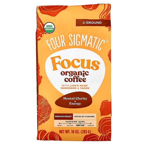 Four Sigmatic, Focus, Café orgánico con hongo melena de león y yacón, Molido, Tostado medio, 283 g (10 oz)