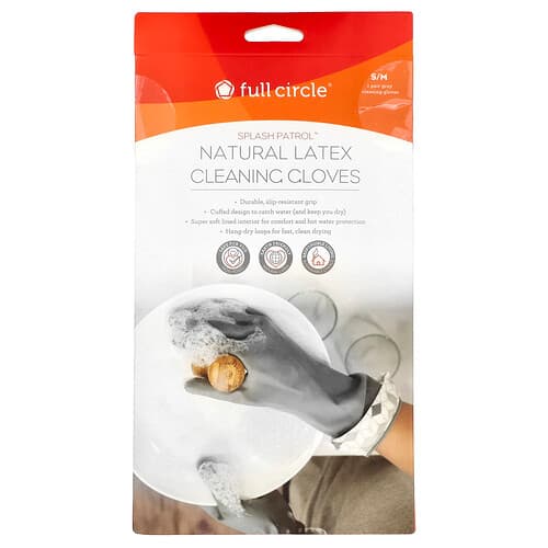 Full Circle, Splash Patrol, Guantes de limpieza de látex natural, Talla S / M, Gris, 1 par