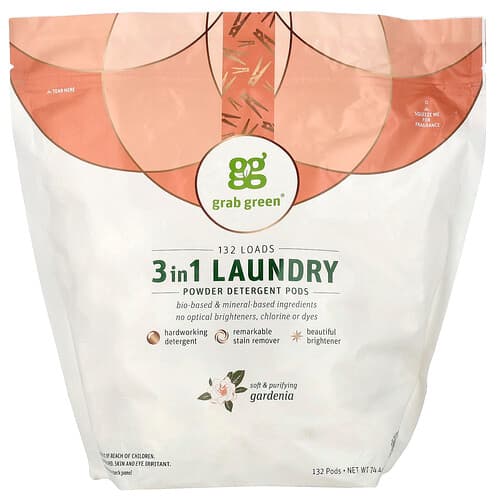 Grab Green, Cápsulas de detergente en polvo 3 en 1, Gardenia, 132 cargas, 2,1 kg (74,4 oz)
