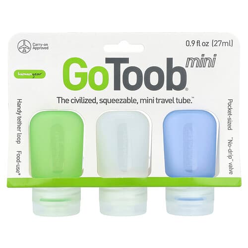 Humangear, GoToob® en miniatura, Azul, transparente y verde, Paquete de 3 productos, 27 ml (0,9 oz. líq.) cada uno