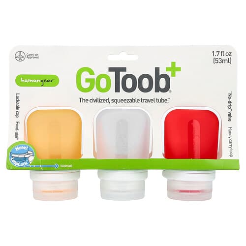 Humangear, GoToob+®, Tubos de viaje pequeños, Rojo, transparente y naranja, Paquete de 3, 53 ml (1,7 oz. líq.) cada uno