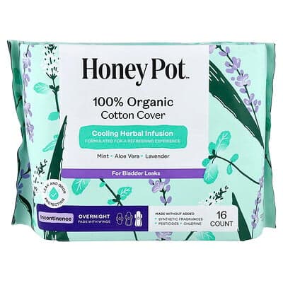 The Honey Pot Company, Infusión de hierbas refrescantes orgánicas, Almohadillas con alas, Para la incontinencia nocturna, 16 unidades
