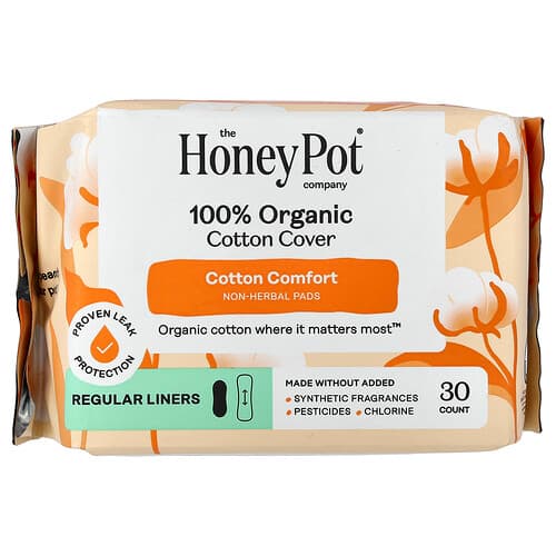 The Honey Pot Company, Protectores diarios de algodón 100 % orgánico, Protectores sin hierbas, Regulares, 30 unidades