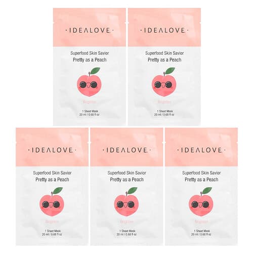 Idealove, Superfood Skin Savior, Pretty as a Peach, 5 mascarillas de belleza, 20 ml (0,68 oz. líq.) cada una