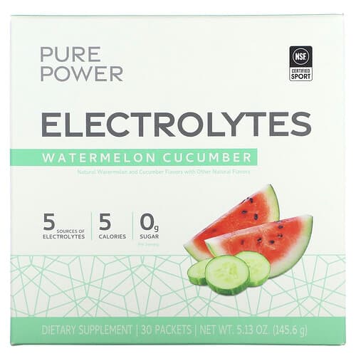 Dr. Mercola, Pure Power, Electrolitos, Sandía y pepino, 30 sobres, 5,13 oz (145,6 g)