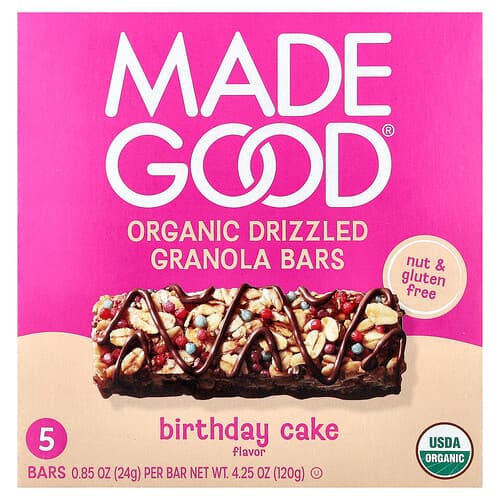 MadeGood, Barritas de granola, Lloviznas orgánicas, Pastel de cumpleaños, 5 barritas, 24 g (0,85 oz) cada una