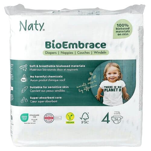 Naty, Pañales BioEmbrace, Tamaño 4, 15-40 lb, 26 pañales