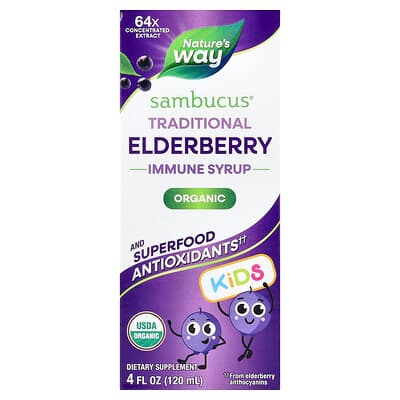 Nature's Way, Sambucus® para niños, Jarabe inmunitario tradicional orgánico para niños, 1 año en adelante, Saúco, 120 ml (4 oz. líq.)