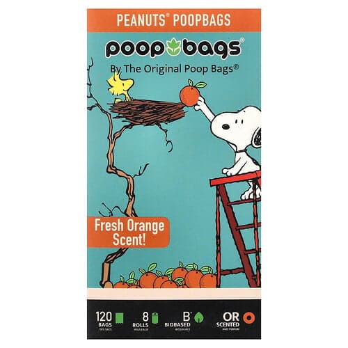 Original Poop Bags, Peanuts®, Naranja, 8 panecillos, 15 bolsas cada uno
