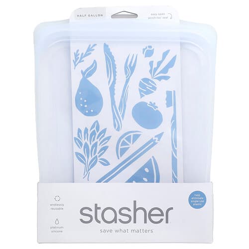 Stasher, Bolsa de silicona reutilizable para alimentos, Medio galón, Transparente, 1,89 l (64 oz. líq.)