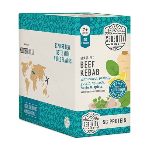 Serenity Kids, Brochetas de carne de res alimentada con pasturas con chirivía, espinaca, zanahoria, hierbas y especias, 7 meses en adelante, 6