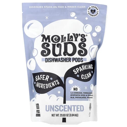 Molly's Suds, Cápsulas para lavar en lavavajillas, Sin fragancia, 60 cápsulas, 0,84 kg (29,63 oz)